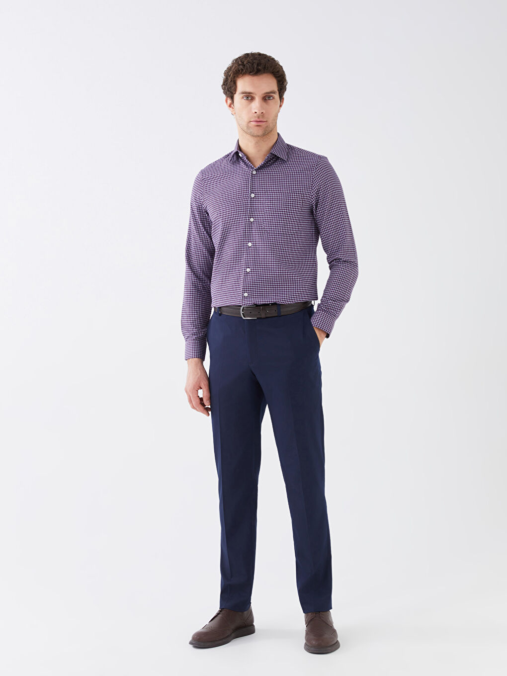 Cămașă Relaxată cu Mânecă Lungă din Țesătură în Diagonală cu Carouri pentru Bărbați-2