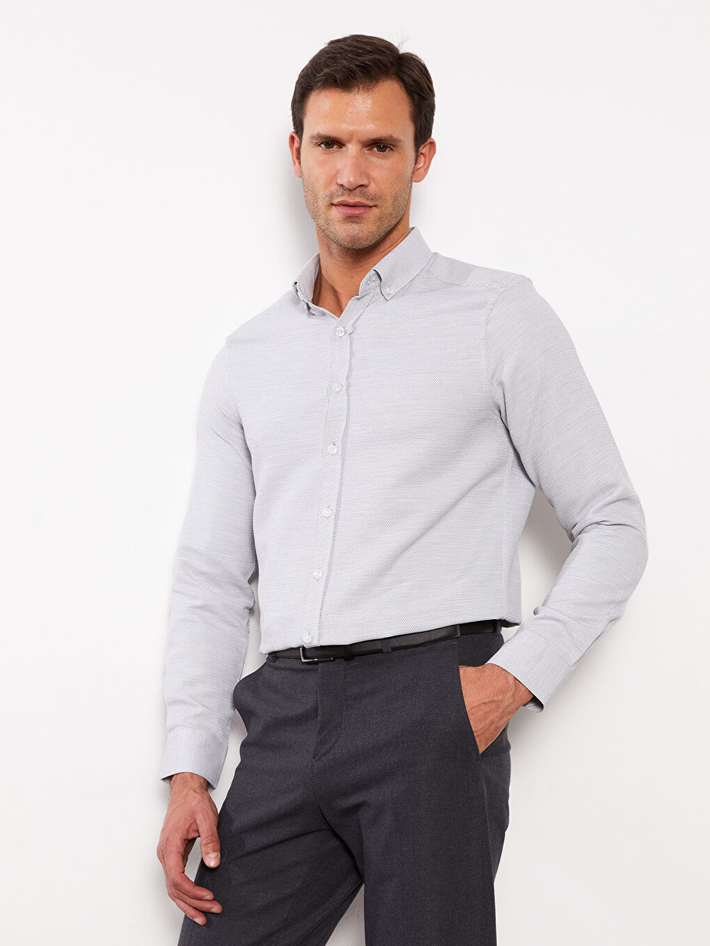 Antrasit Slim Fit Uzun Kollu Armürlü Erkek Gömlek