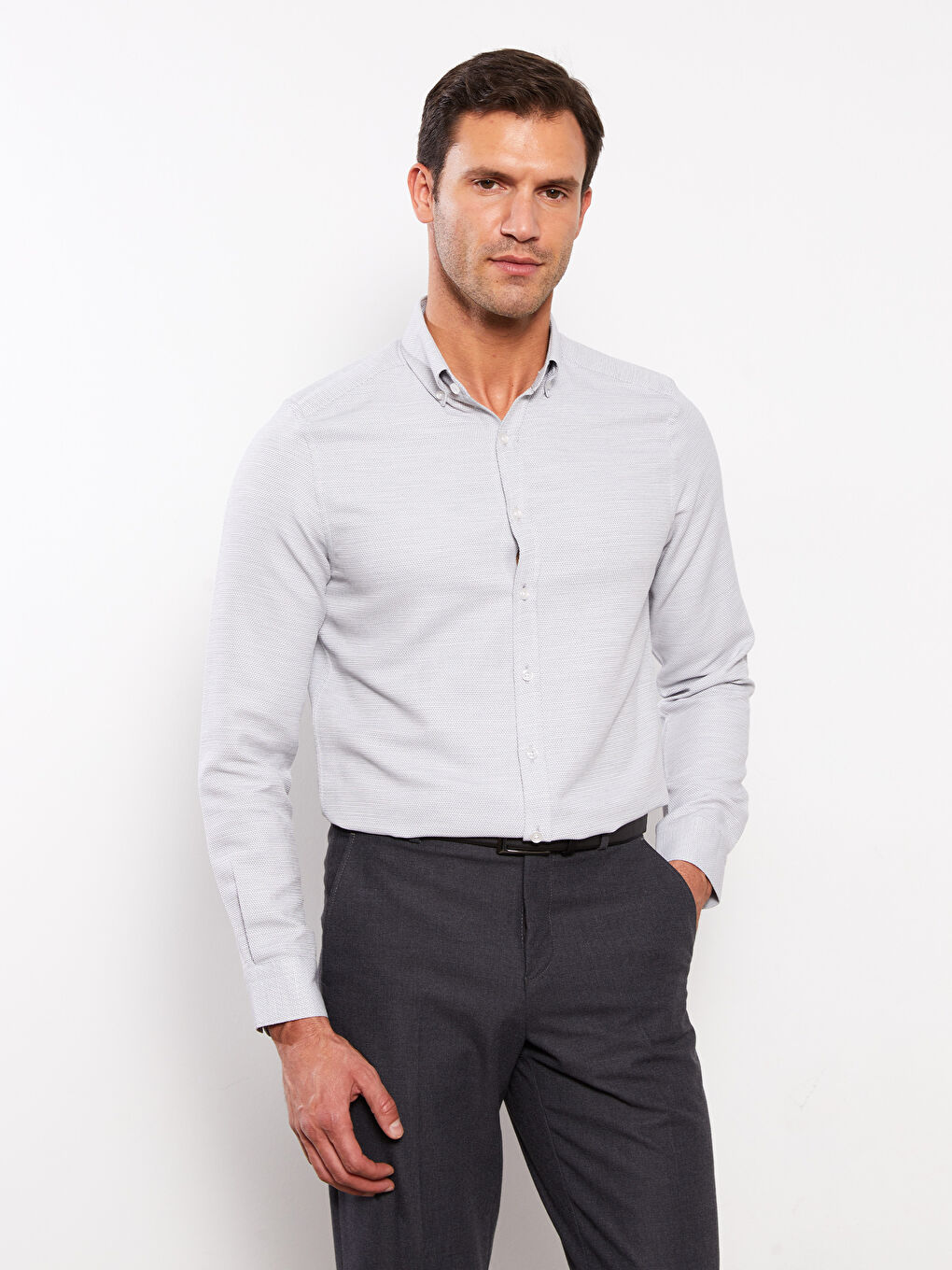 Antrasit Slim Fit Uzun Kollu Armürlü Erkek Gömlek-1