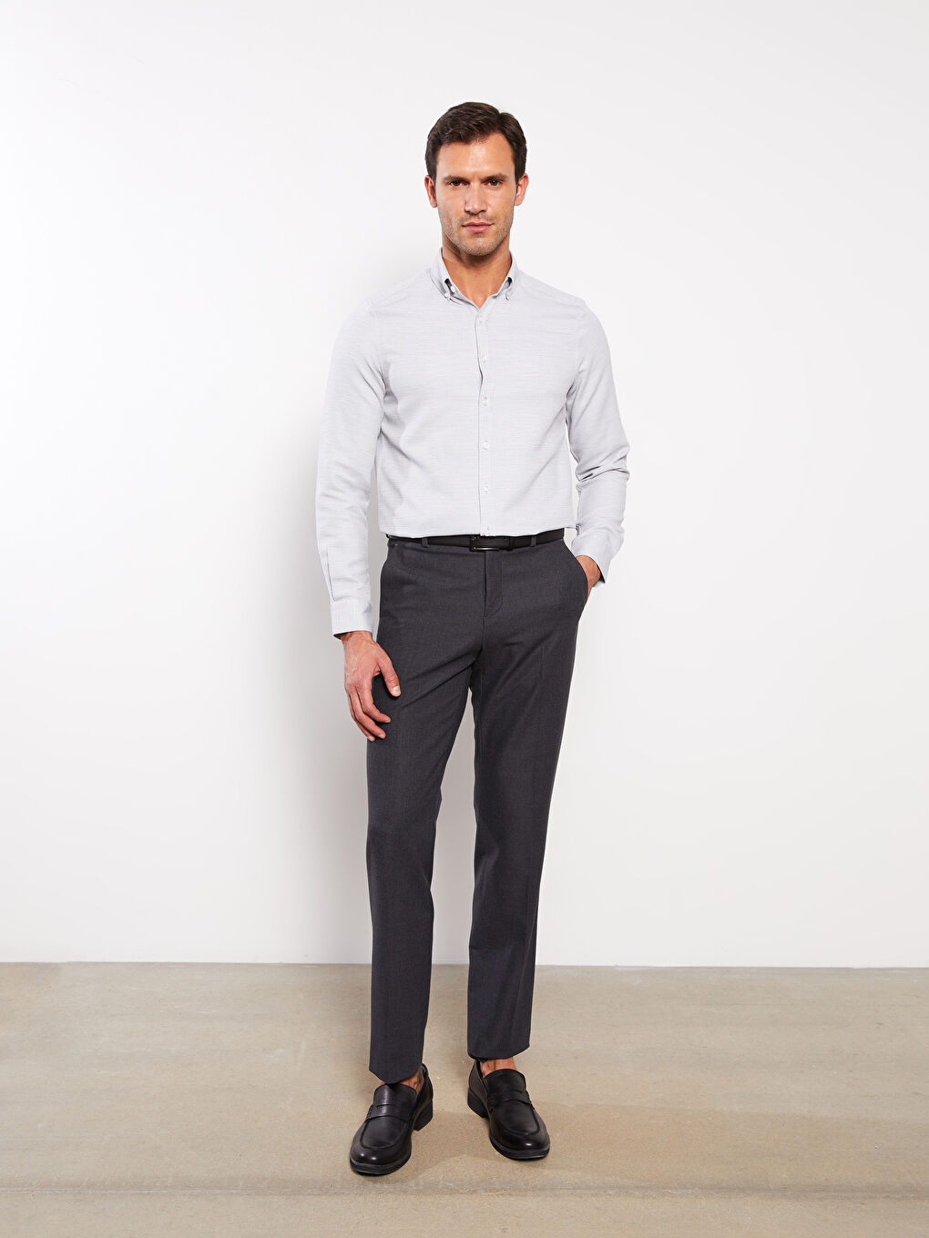 Antrasit Slim Fit Uzun Kollu Armürlü Erkek Gömlek-2