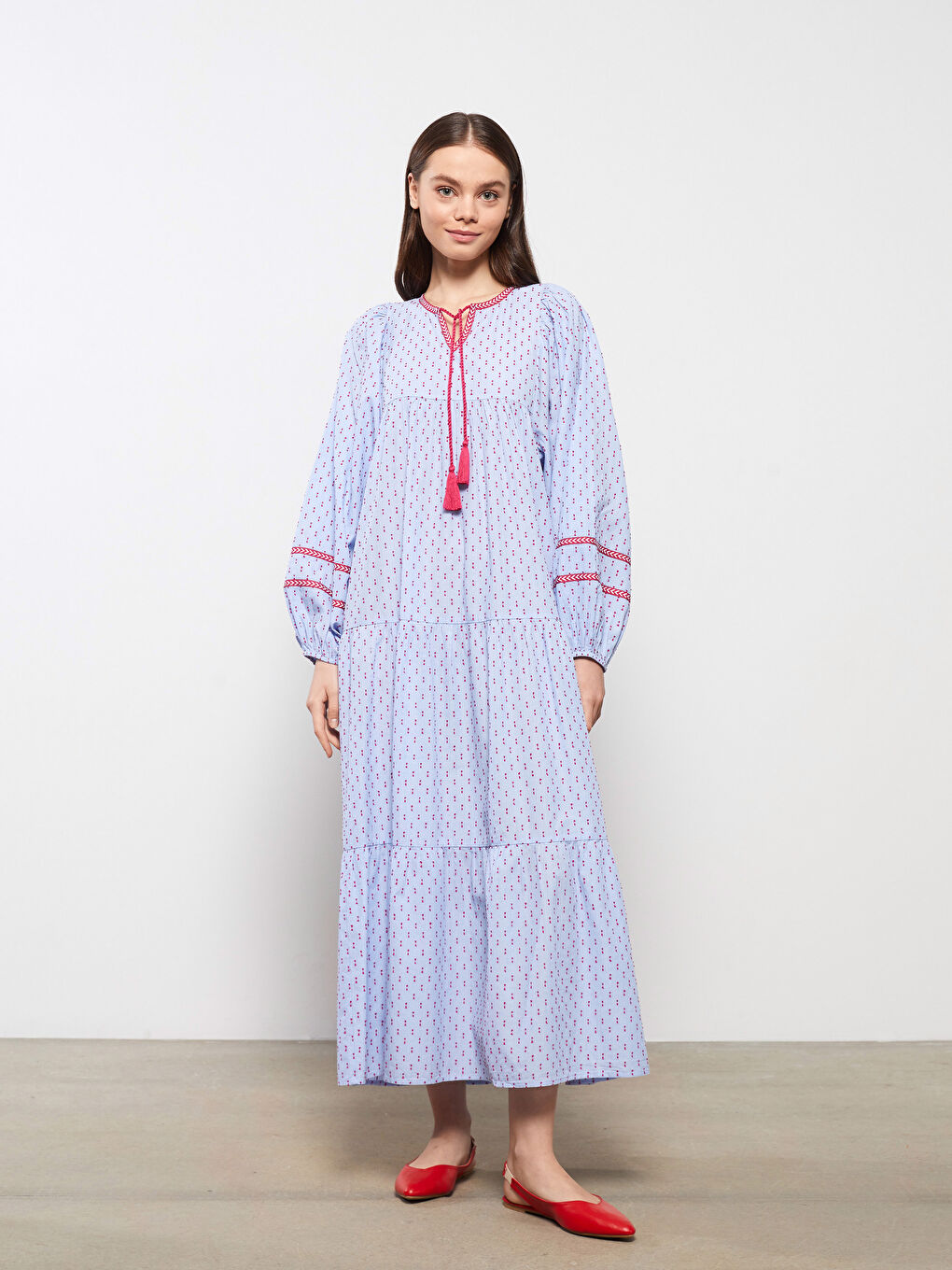 LCW Modest Bağlamalı Yaka Desenli Uzun Kollu Kadın Elbise -S32055Z8-LQQ