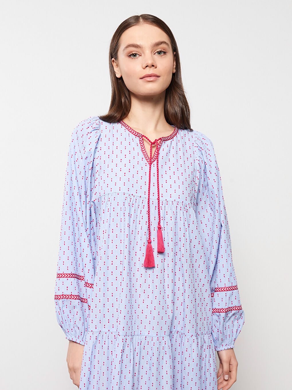 LCW Modest Bağlamalı Yaka Desenli Uzun Kollu Kadın Elbise -S32055Z8-LQQ