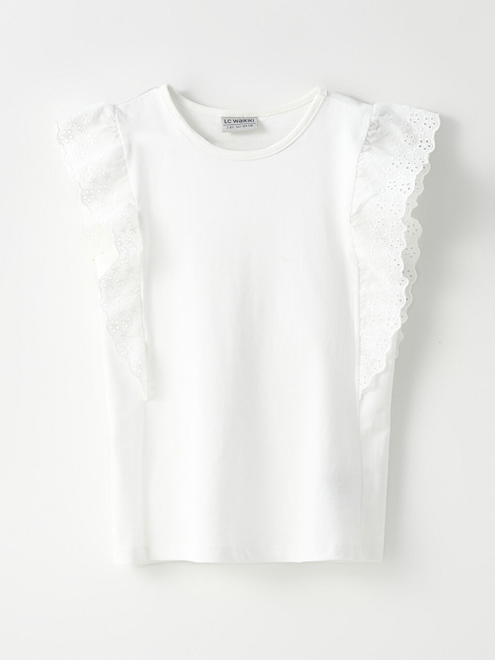 Ekru Bisiklet Yaka Fisto Detaylı Pamuklu Kız Çocuk Tişört-1