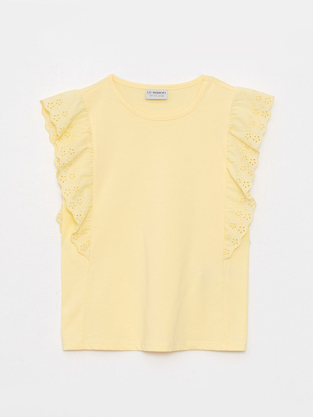 მრგვალი საყელო, კანტებიანი დეტალებით ბამბის მაისური გოგონებისთვის