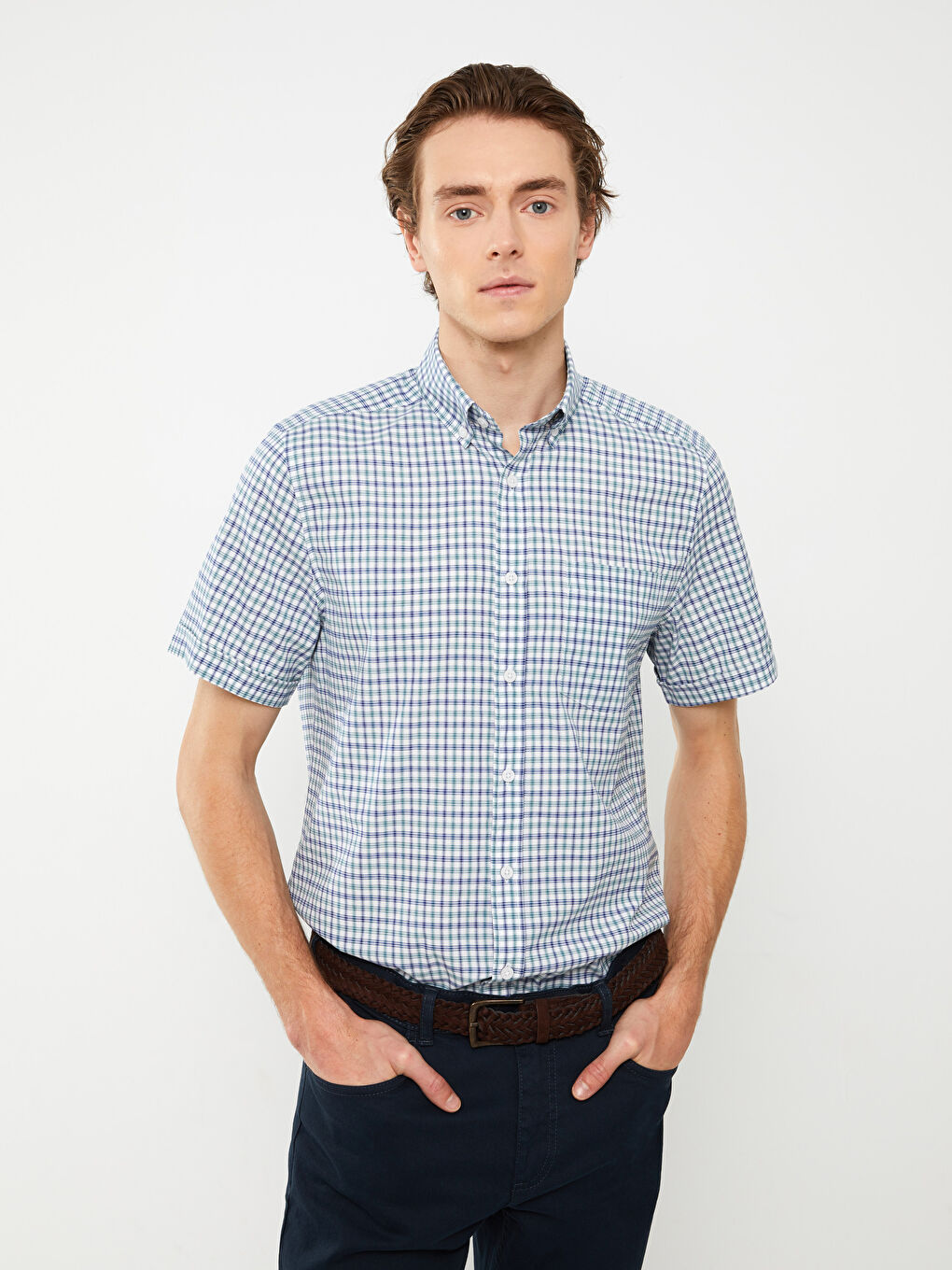 Ерлерге арналған қысқа жеңді торлы оксфорд жейде