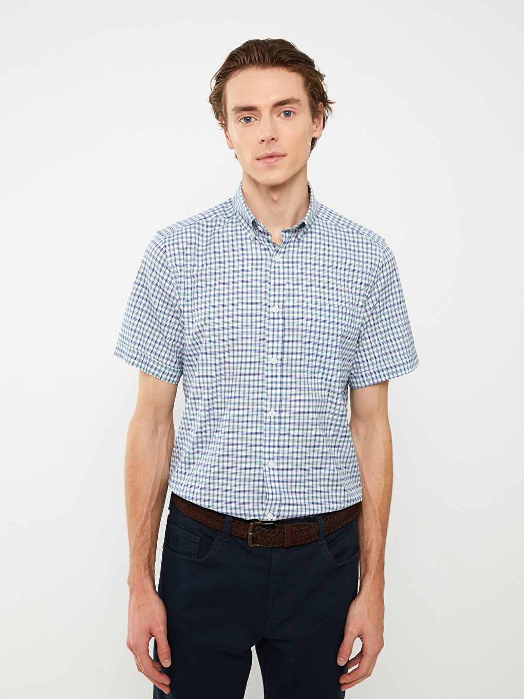 Ерлерге арналған қысқа жеңді торлы оксфорд жейде-1