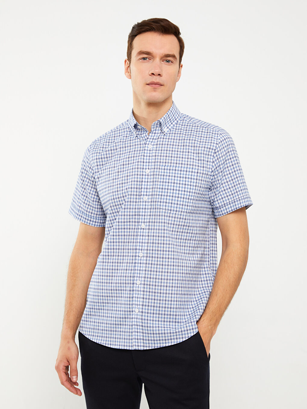 قميص أوكسفورد كاروهات كم قصير عادي للرجال-1
