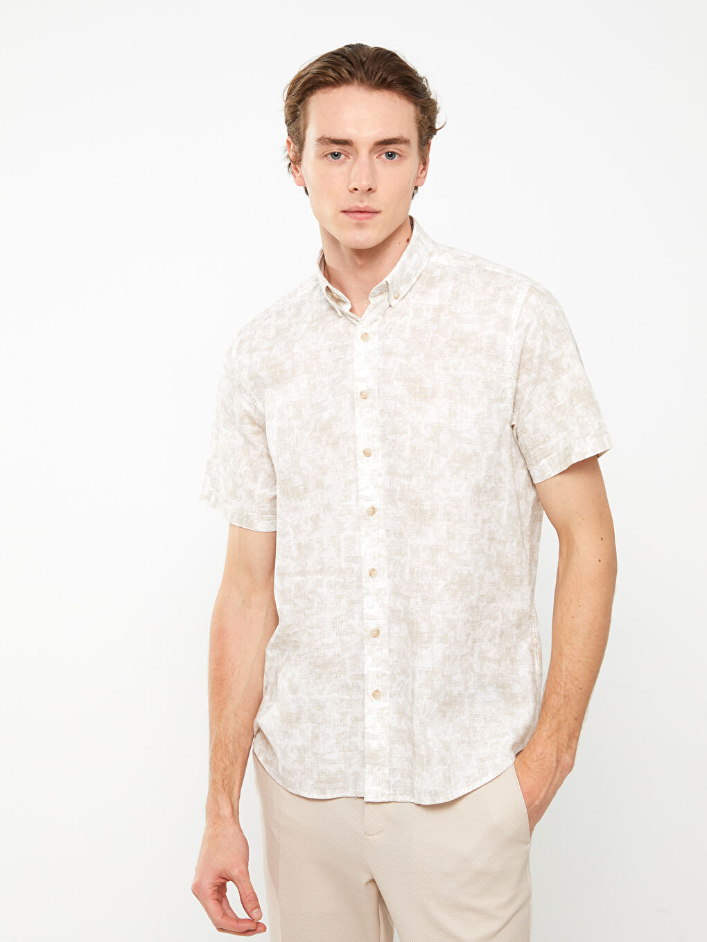 Κανονική Εφαρμογή Κοντό Μανίκι Με Σχέδια Ποπλίνα Πουκάμισο για Άνδρες