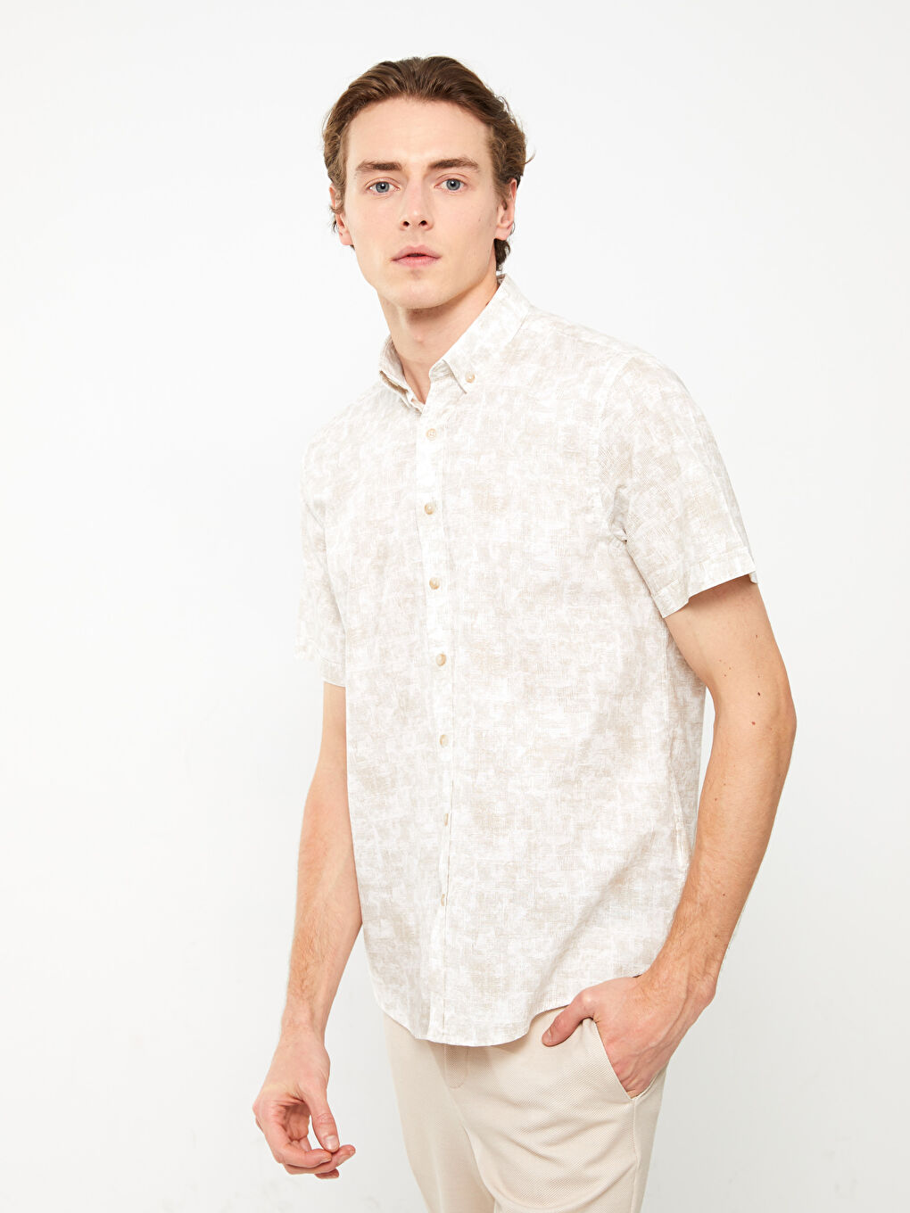 Κανονική Εφαρμογή Κοντό Μανίκι Με Σχέδια Ποπλίνα Πουκάμισο για Άνδρες-1