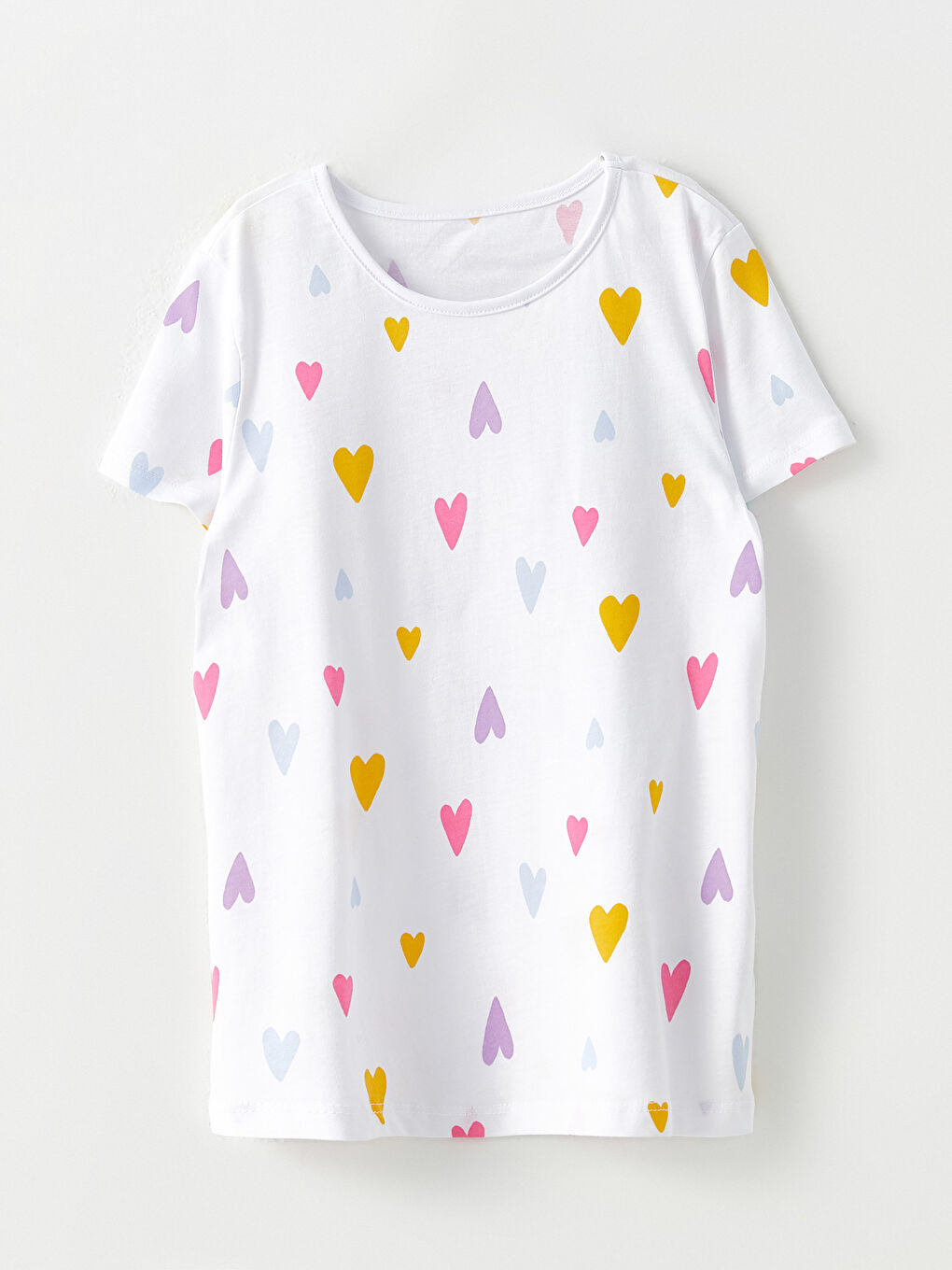 Beyaz Bisiklet Yaka Desenli Kısa Kollu Pamuklu Kız Çocuk Tişört