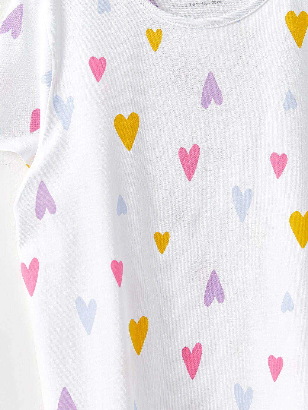 Beyaz Bisiklet Yaka Desenli Kısa Kollu Pamuklu Kız Çocuk Tişört-1