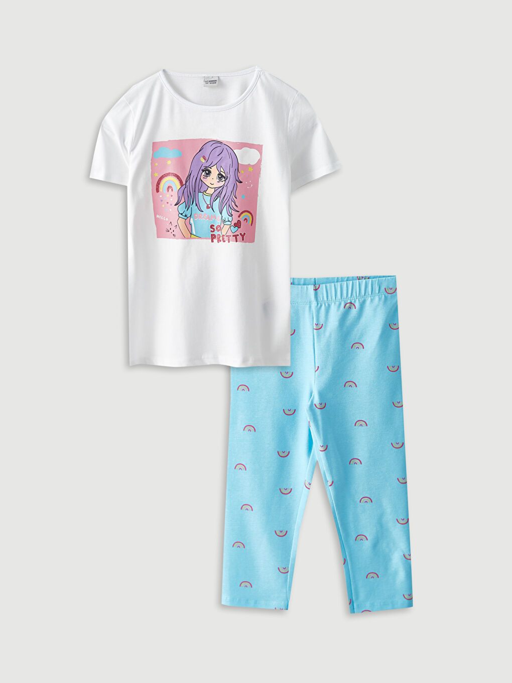 Crew Neck Short Sleeve Printed Girl's T-Shirt and Tights