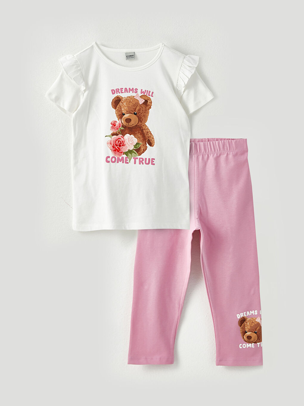 Crew Neck Short Sleeve Printed Girl's T-Shirt and Tracksuit Bottom 2-Pack Set