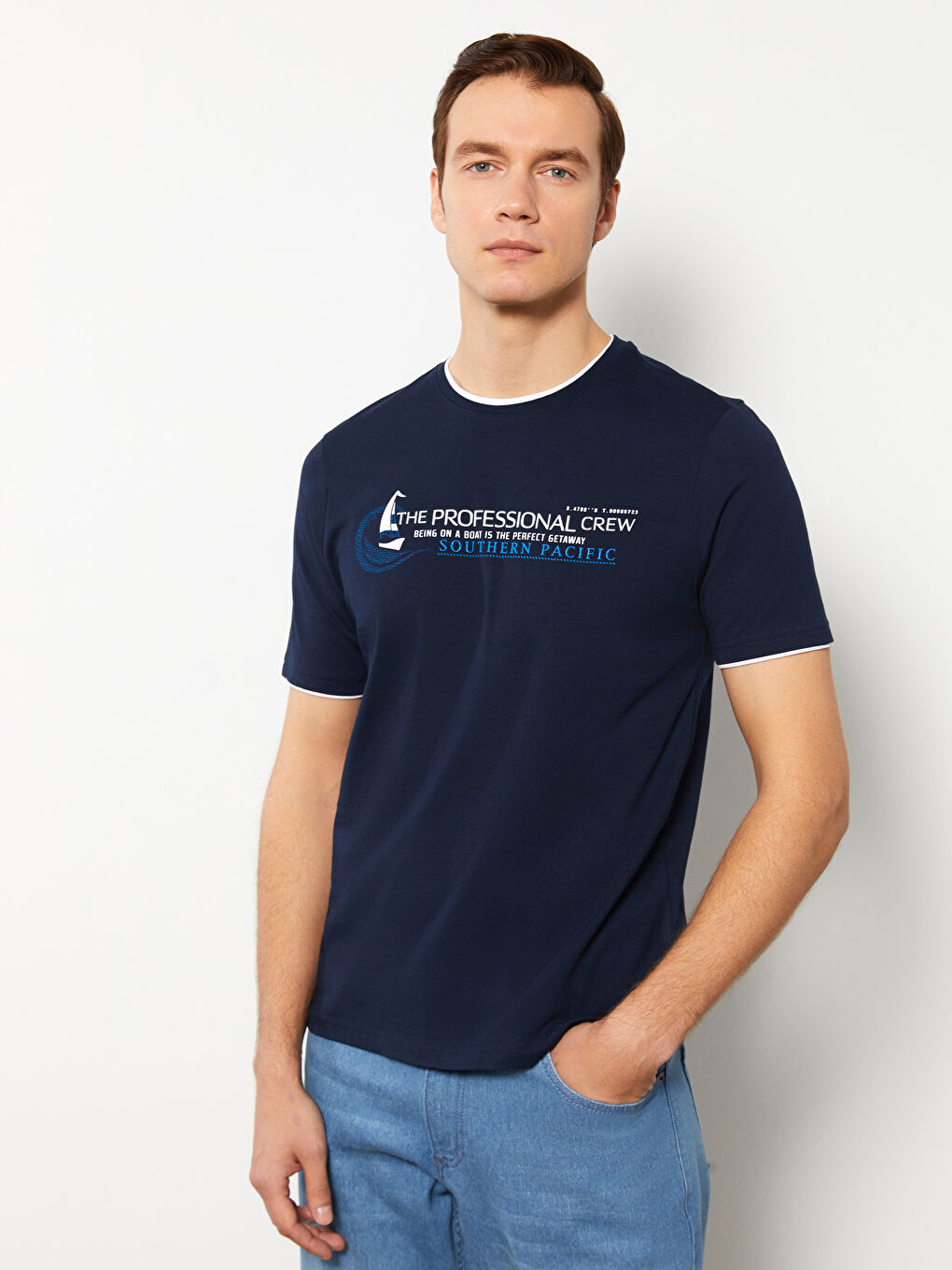 Tricou pentru Bărbați cu Guler Rotund, Mânecă Scurtă, Imprimat, din Bumbac Pieptănat