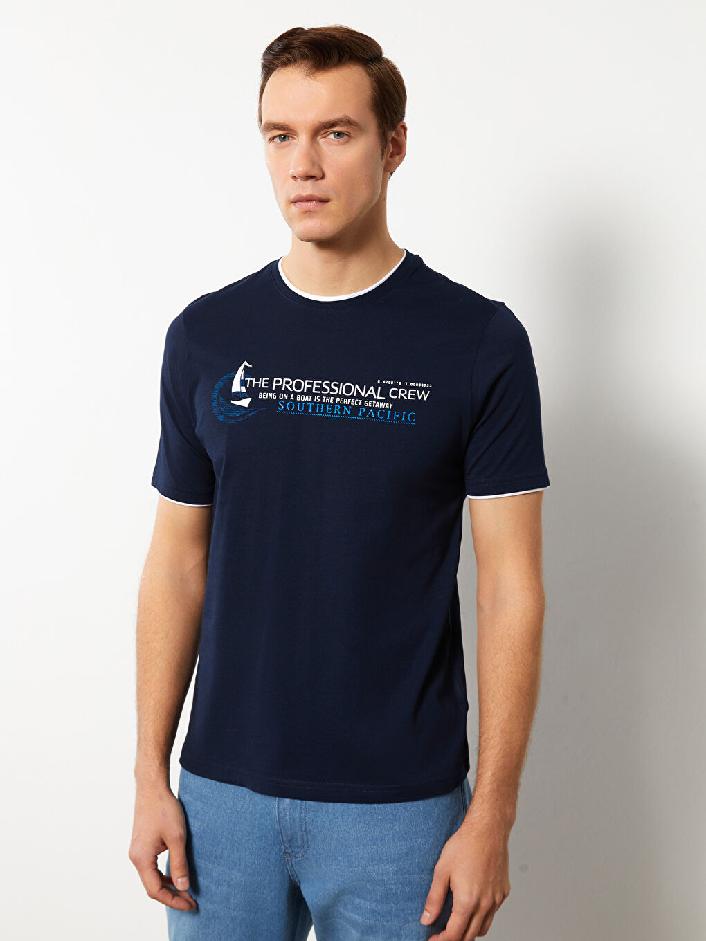 Tricou pentru Bărbați cu Guler Rotund, Mânecă Scurtă, Imprimat, din Bumbac Pieptănat-1