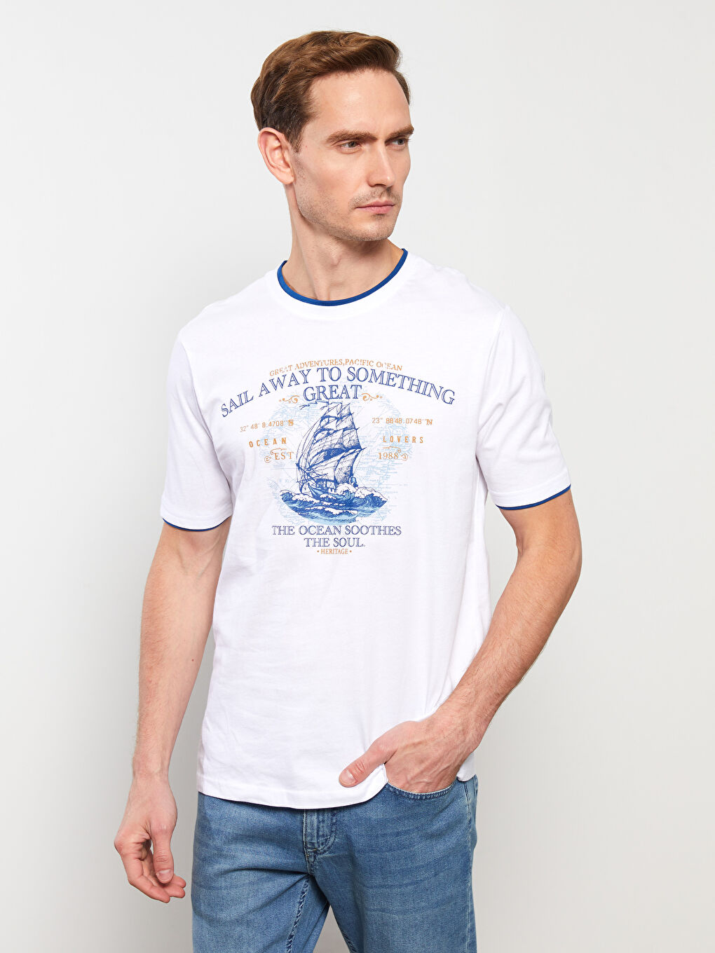 Crew Neck Short Sleeve Printed Combed Cotton Men's T-shirt -S32163Z8-Q6K