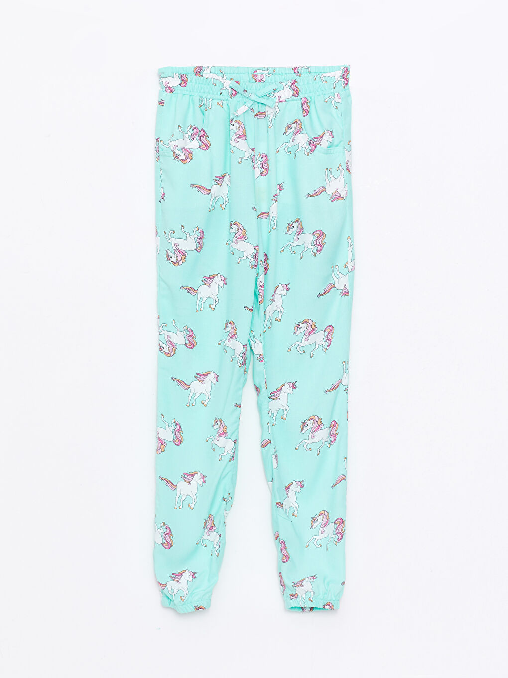 Turkuaz Beli Lastikli Desenli Viskon Kız Çocuk Pantolon