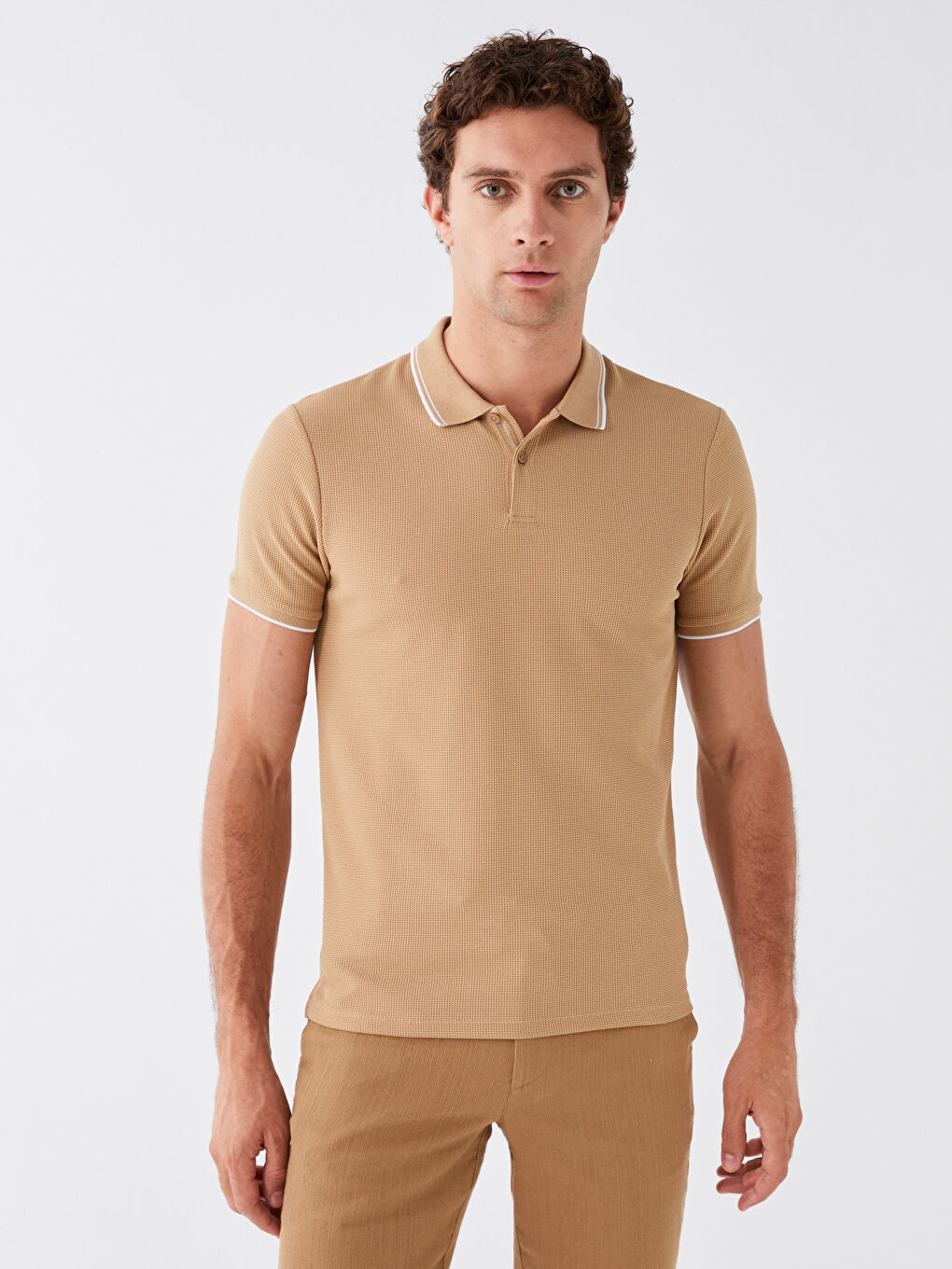 Bej Polo Yaka Kısa Kollu Erkek Tişört-1