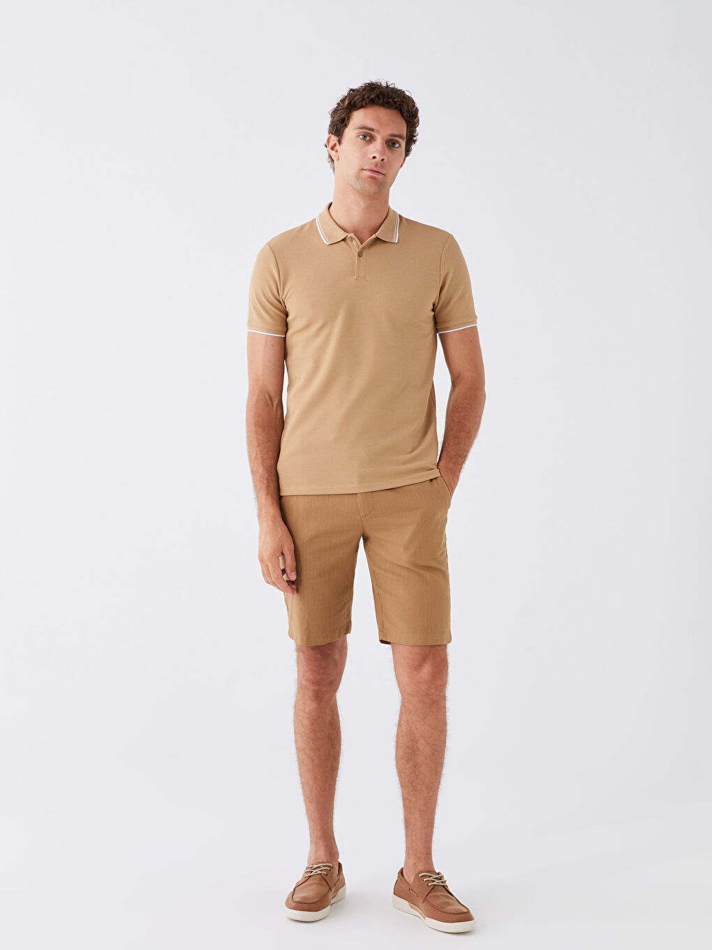 Bej Polo Yaka Kısa Kollu Erkek Tişört-2