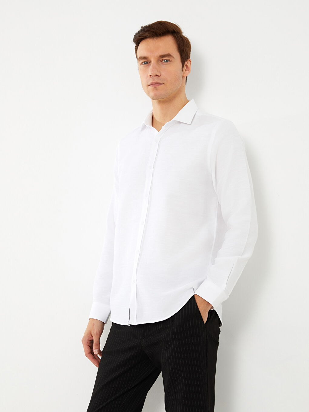 Beyaz Slim Fit Uzun Kollu Armürlü Erkek Gömlek-1