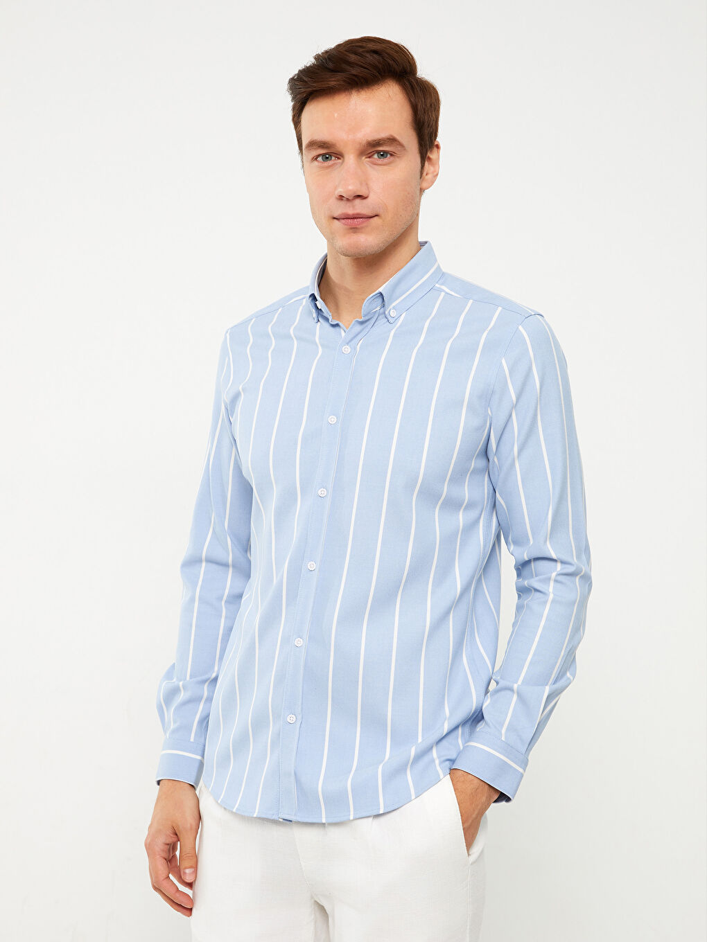 Mavi Slim Fit Uzun Kollu Çizgili Erkek Gömlek-1