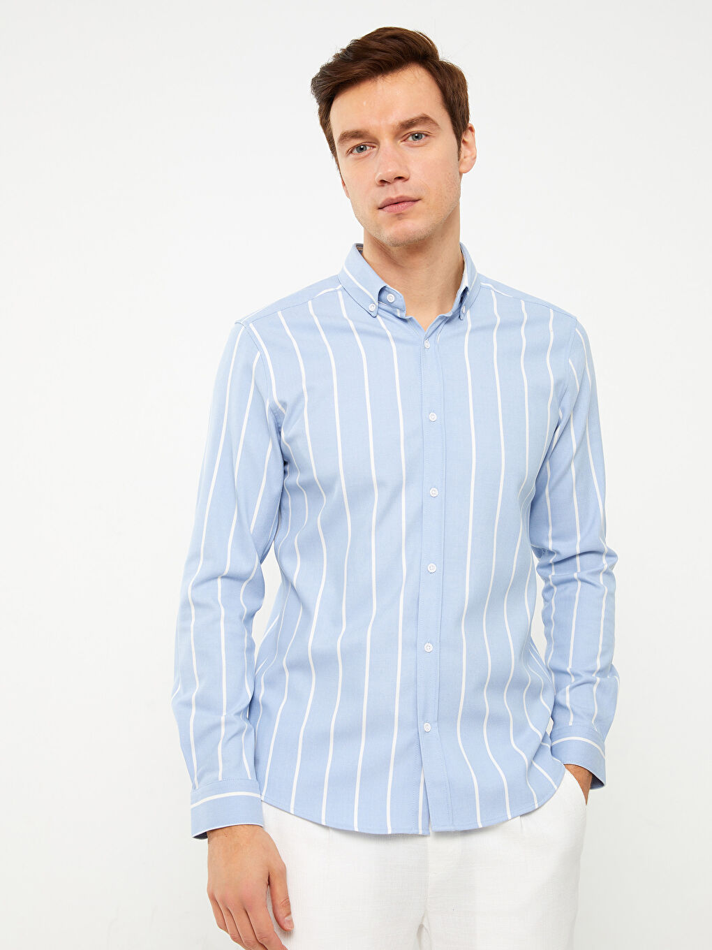 Mavi Slim Fit Uzun Kollu Çizgili Erkek Gömlek-3