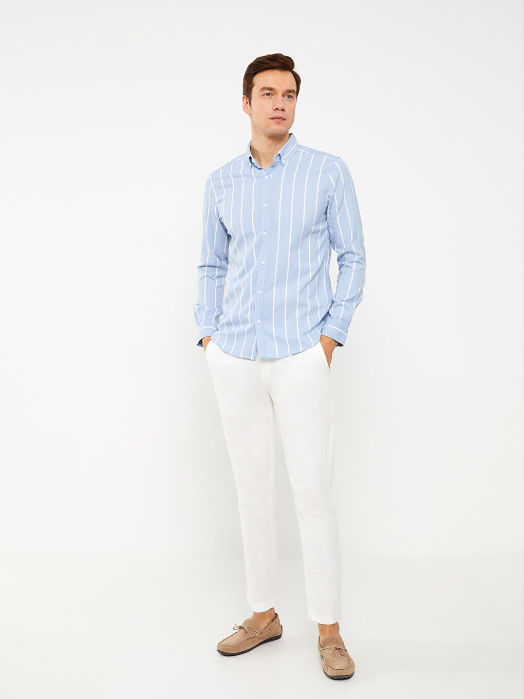 Mavi Slim Fit Uzun Kollu Çizgili Erkek Gömlek-5