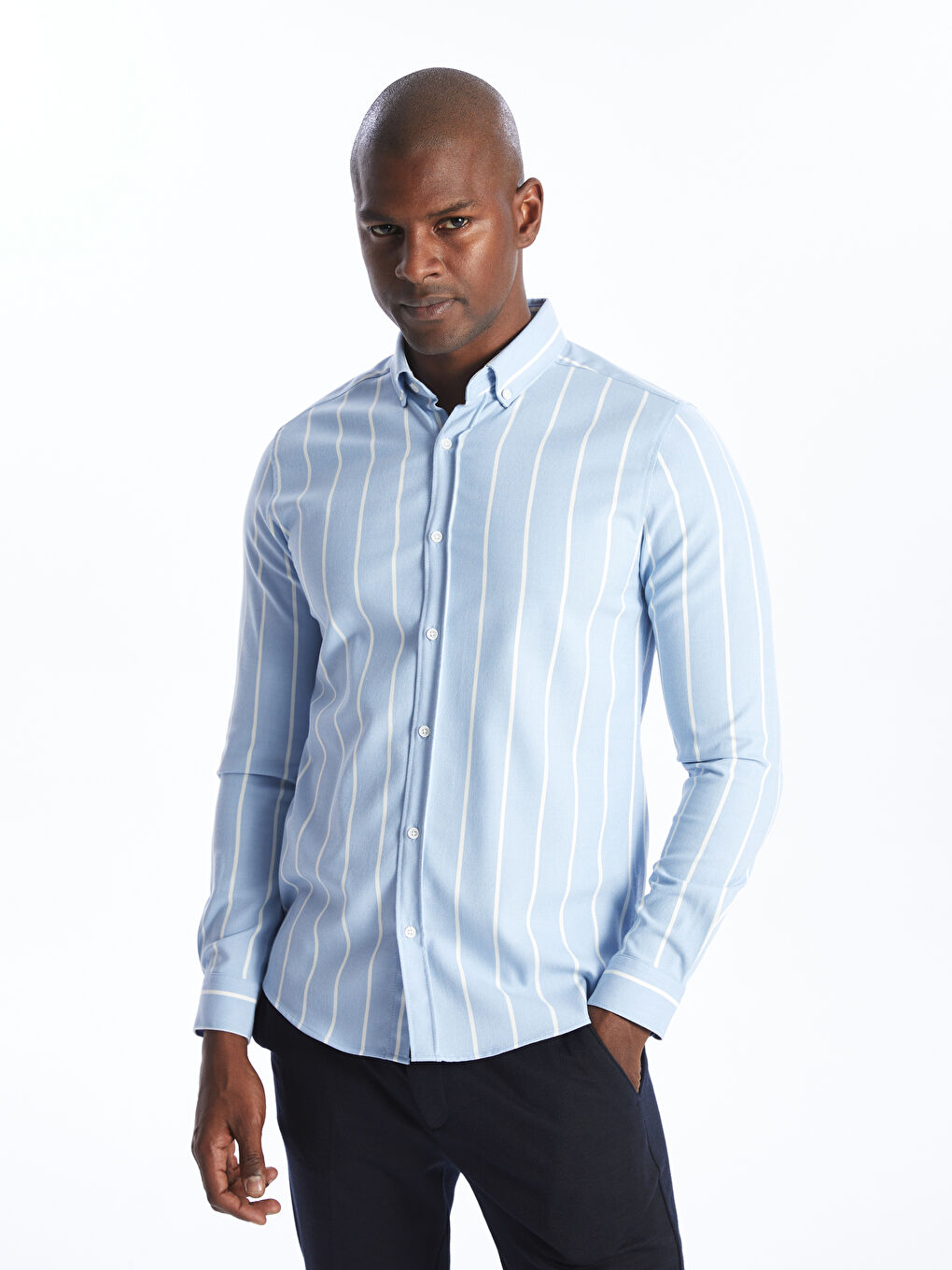 Mavi Slim Fit Uzun Kollu Çizgili Erkek Gömlek