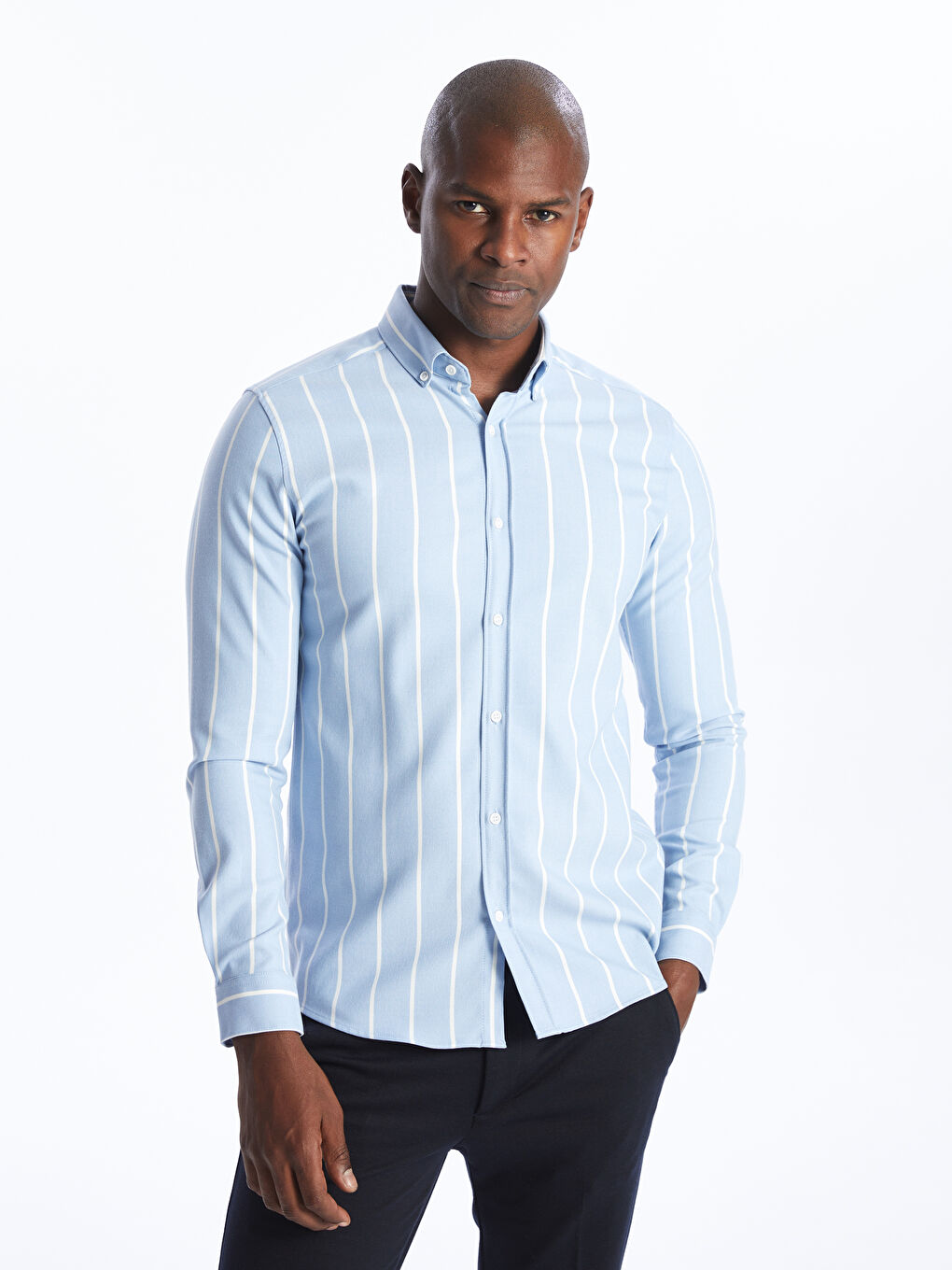 Mavi Slim Fit Uzun Kollu Çizgili Erkek Gömlek-2