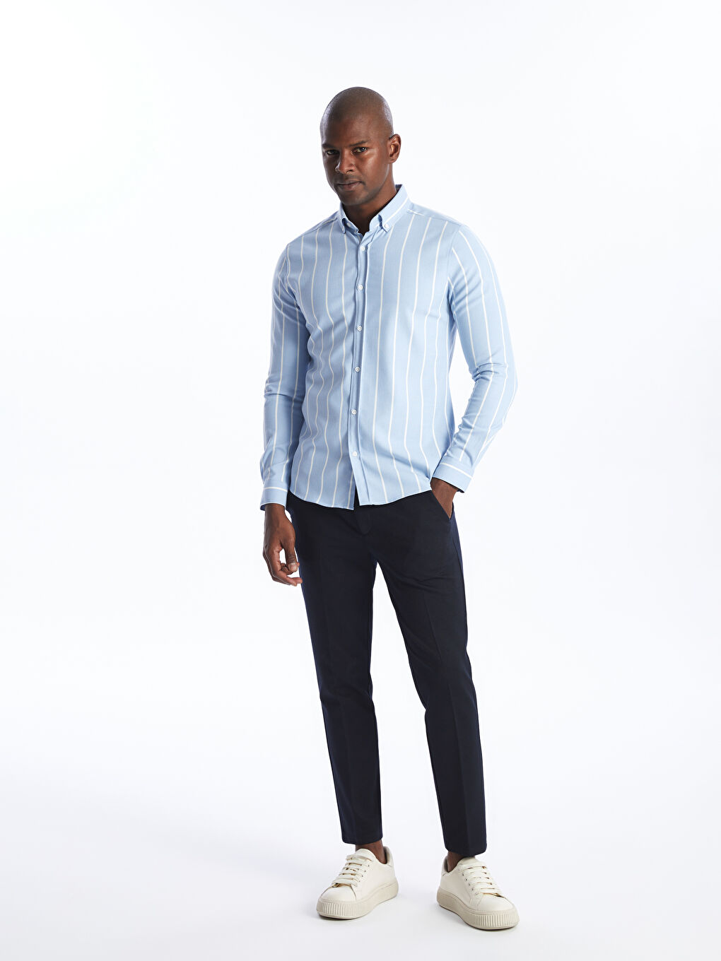 Mavi Slim Fit Uzun Kollu Çizgili Erkek Gömlek-4