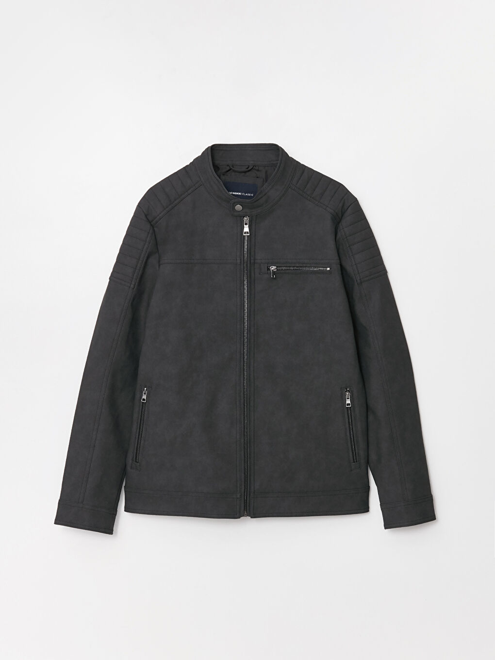 معطف جلد صناعي للرجال بياقة الدراجين النارية وقصة عادية-5