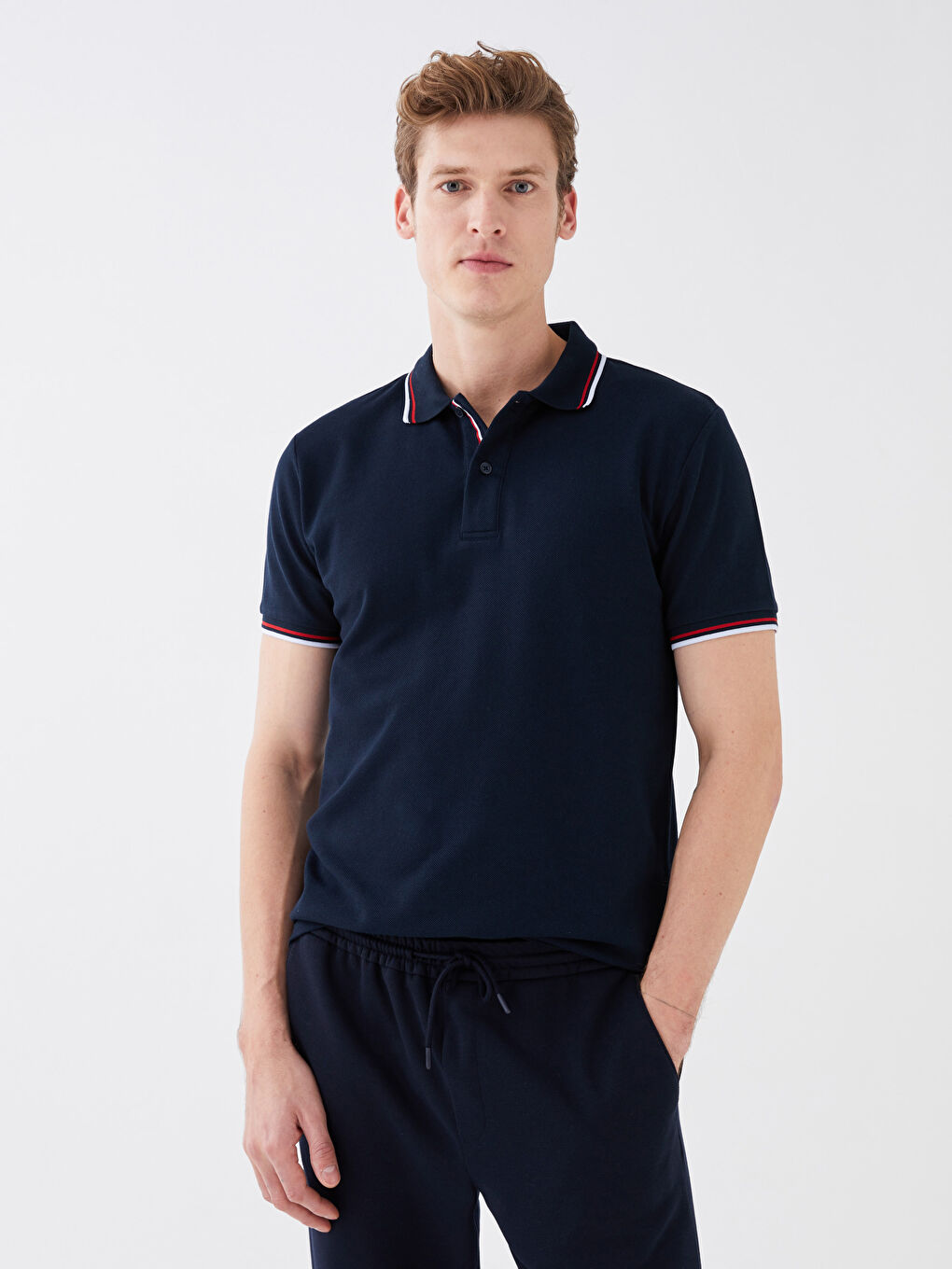 Lacivert Polo Yaka Kısa Kollu Pike Erkek Tişört-1