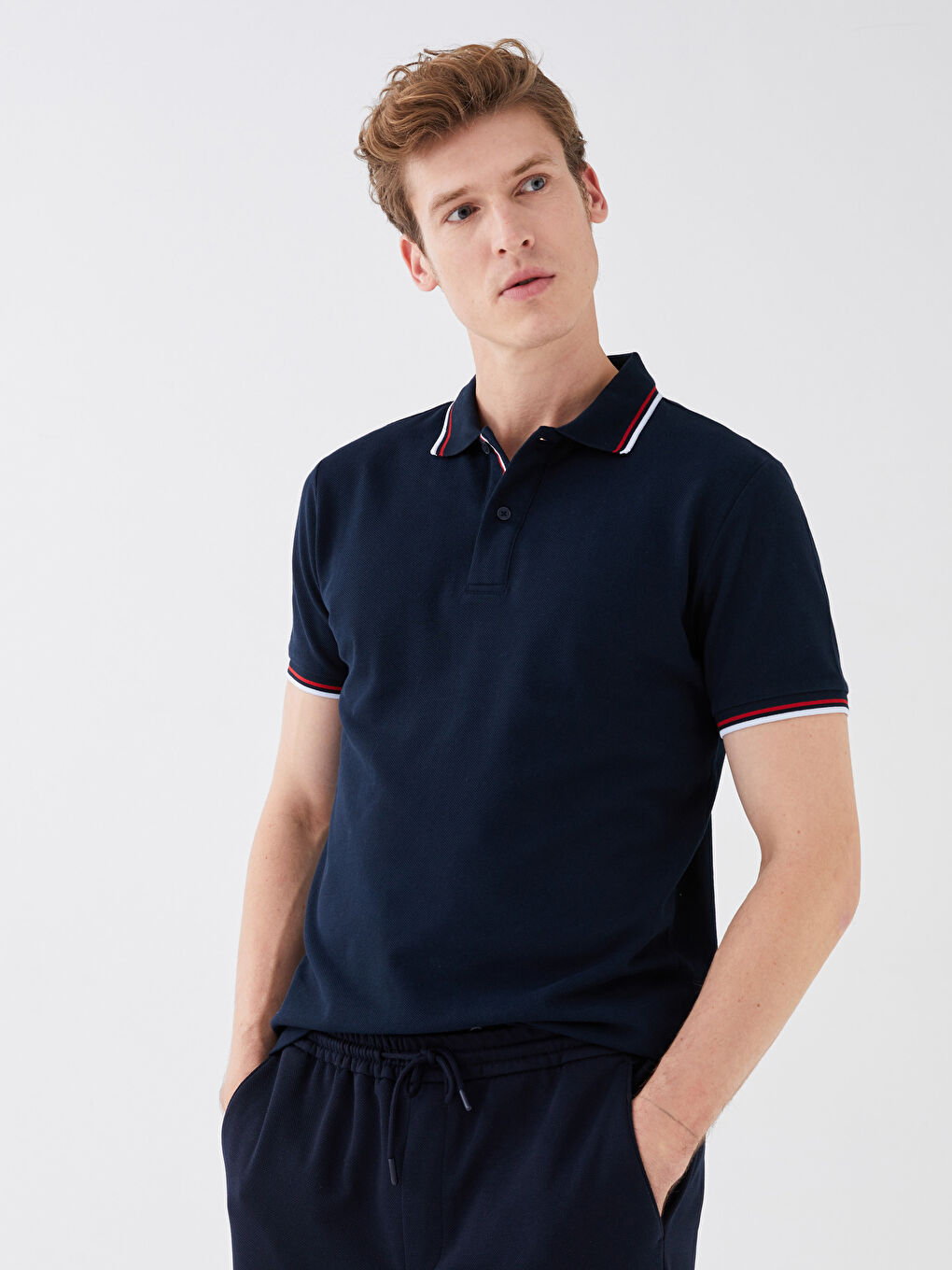 Lacivert Polo Yaka Kısa Kollu Pike Erkek Tişört-2