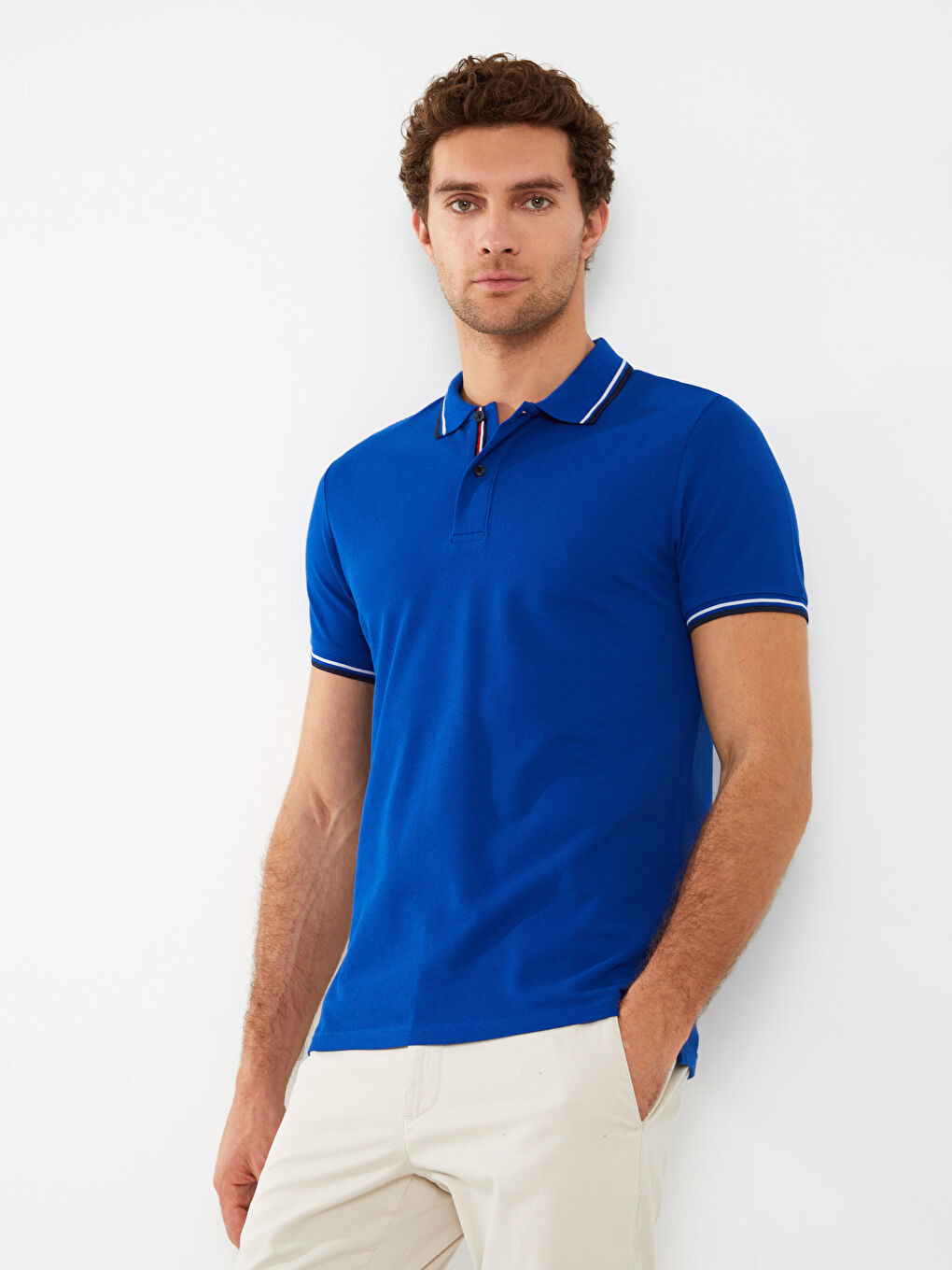Mavi Polo Yaka Kısa Kollu Pike Erkek Tişört-1