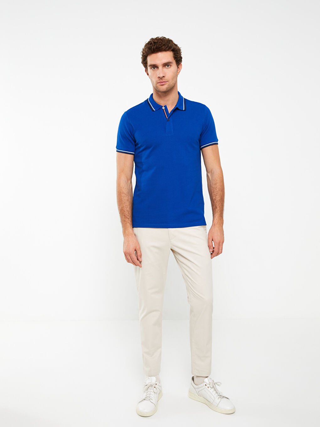 Mavi Polo Yaka Kısa Kollu Pike Erkek Tişört-2