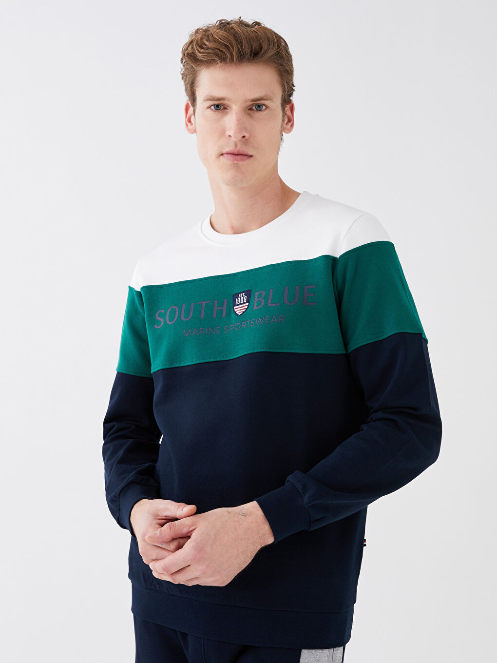 سويت شيرت بلوك الألوان كم طويل بياقة دائرية للرجال