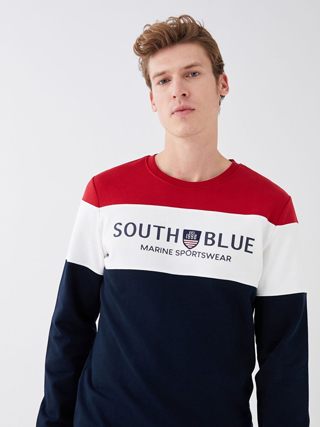 Kırmızı Bisiklet Yaka Uzun Kollu Renk Bloklu Erkek Sweatshirt-1