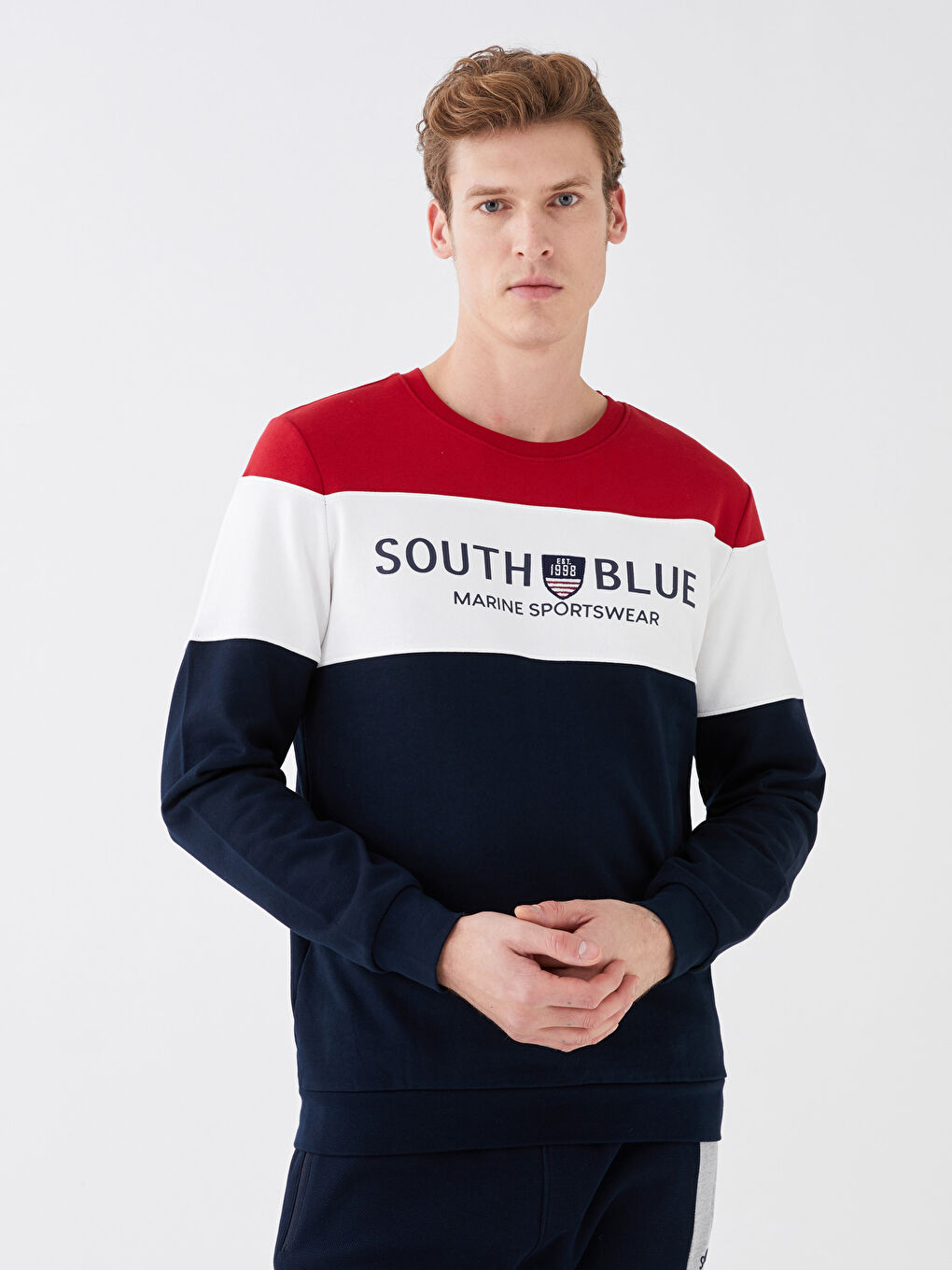 Kırmızı Bisiklet Yaka Uzun Kollu Renk Bloklu Erkek Sweatshirt-3