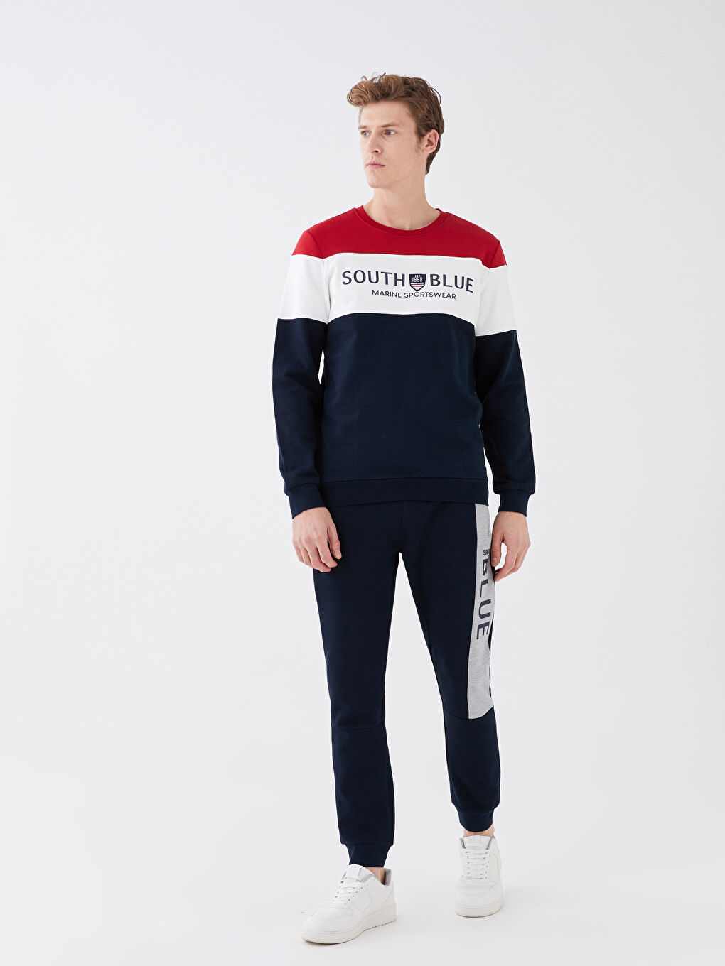 Kırmızı Bisiklet Yaka Uzun Kollu Renk Bloklu Erkek Sweatshirt-5