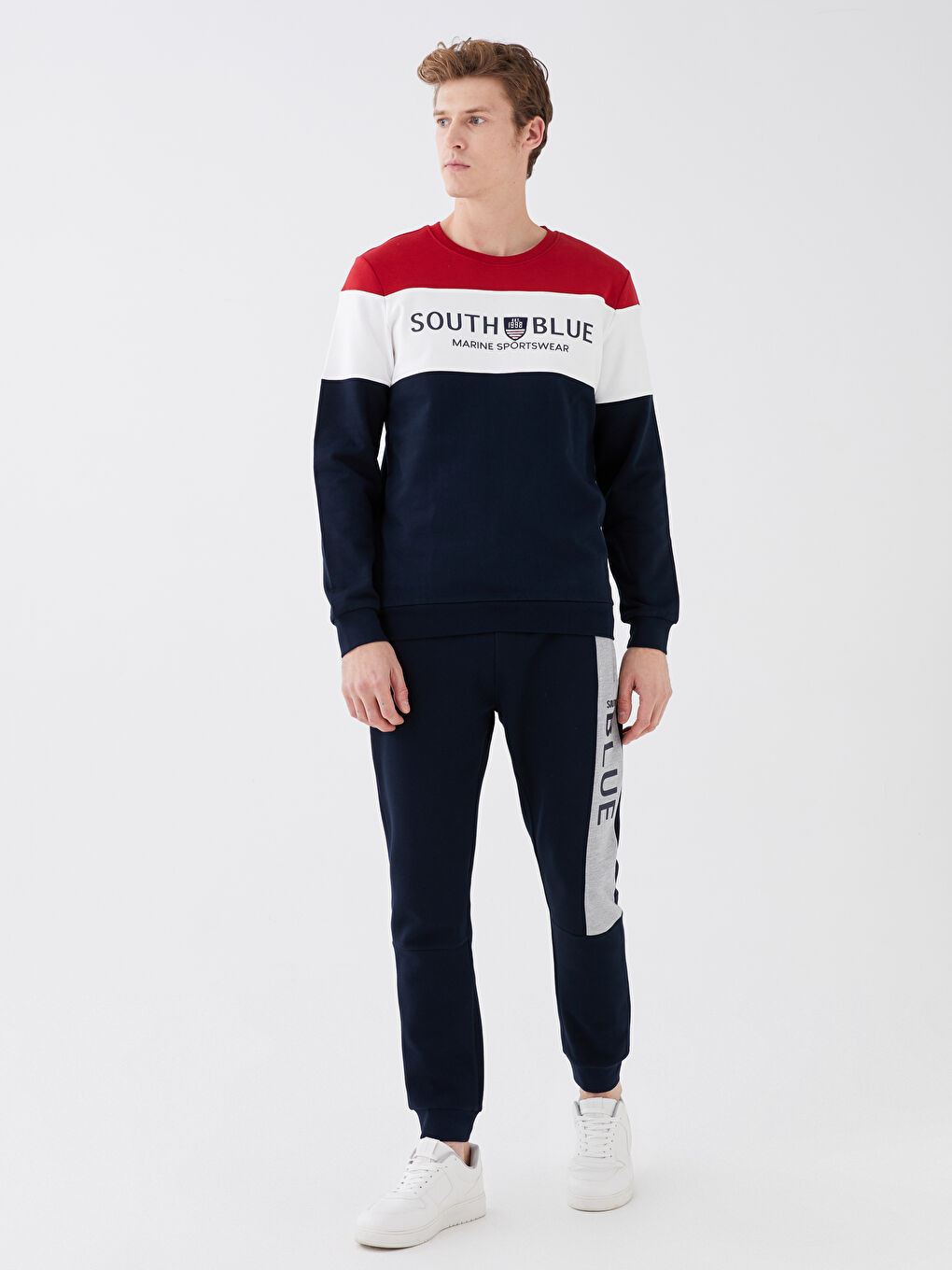 Kırmızı Bisiklet Yaka Uzun Kollu Renk Bloklu Erkek Sweatshirt-2