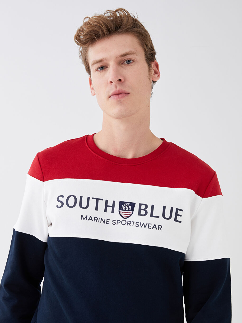 Kırmızı Bisiklet Yaka Uzun Kollu Renk Bloklu Erkek Sweatshirt-4