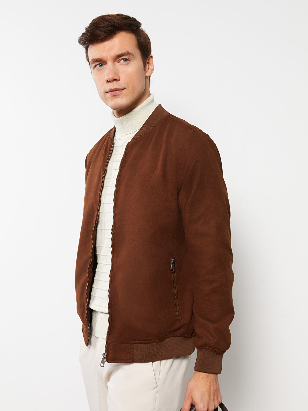 Kahverengi Standart Kalıp Kolej Yaka Süet Erkek Mont