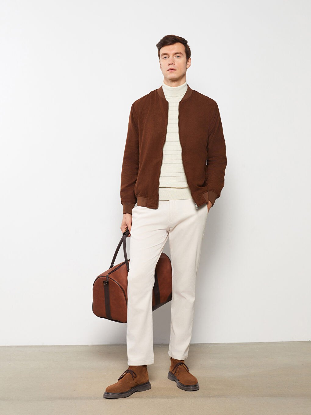 Kahverengi Standart Kalıp Kolej Yaka Süet Erkek Mont-1