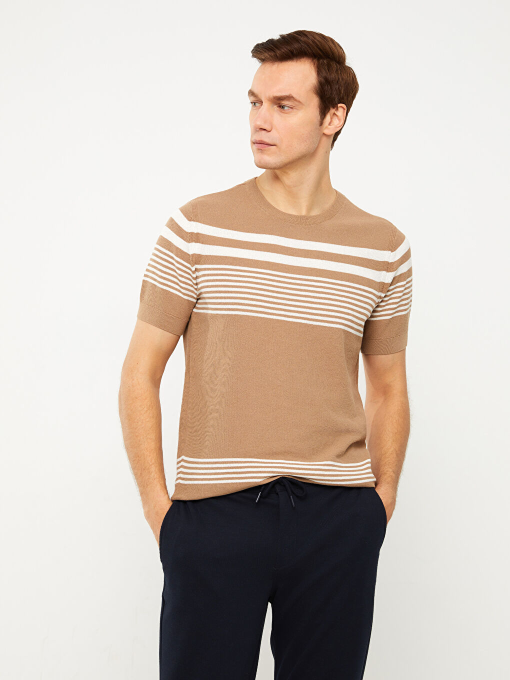 SOUTHBLUE Crew Neck Short Sleeve Striped Men's Knitwear Sweater -S32380Z8-LE8