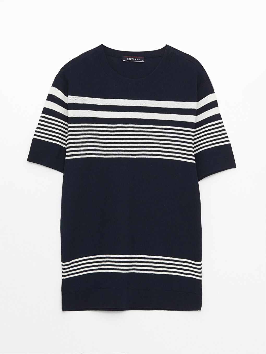 Lacivert Bisiklet Yaka Kısa Kollu Çizgili Erkek Triko Kazak-5