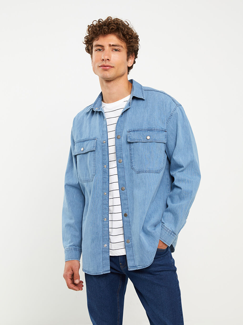 İndigo Rahat Kalıp Uzun Kollu Erkek Jean Gömlek