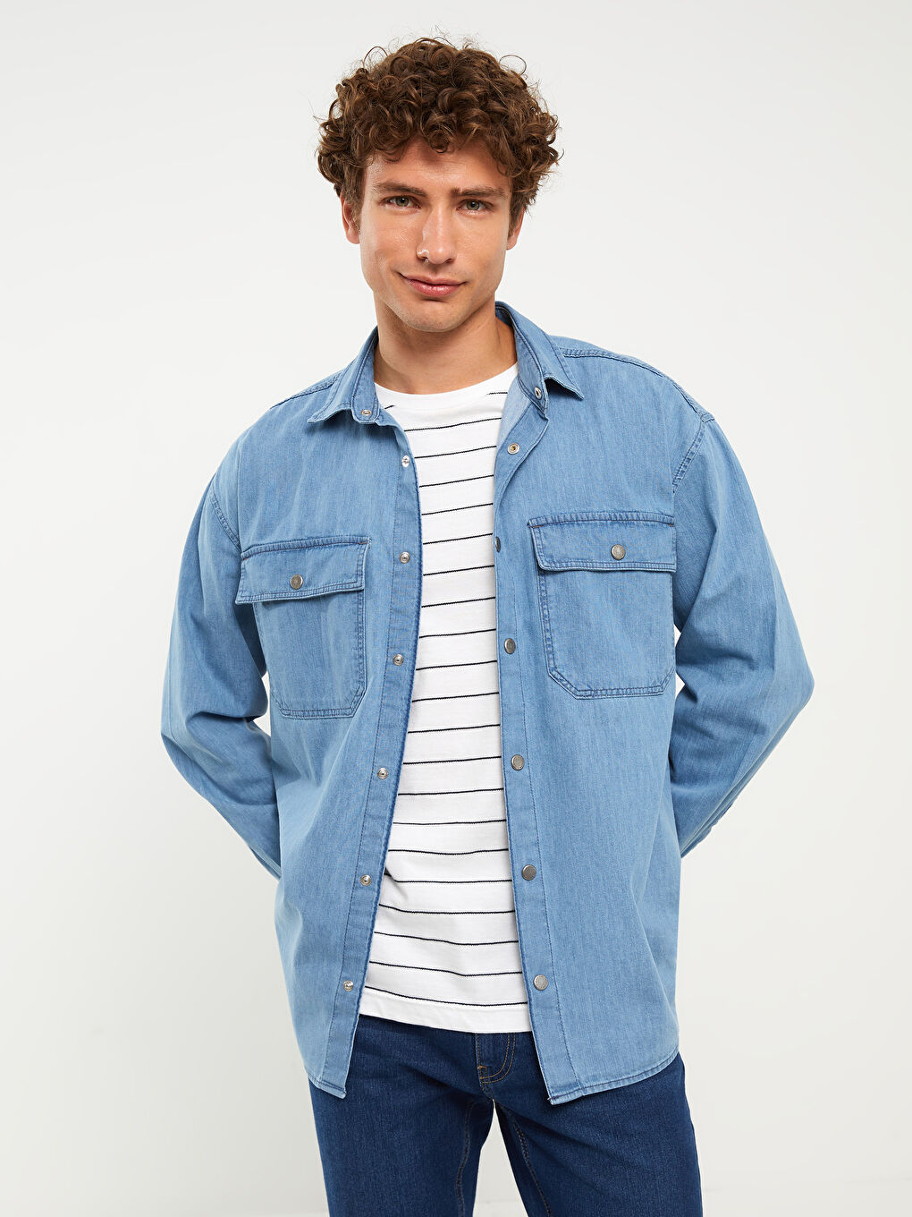 İndigo Rahat Kalıp Uzun Kollu Erkek Jean Gömlek-1