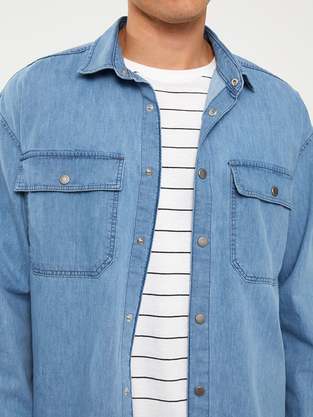İndigo Rahat Kalıp Uzun Kollu Erkek Jean Gömlek-3