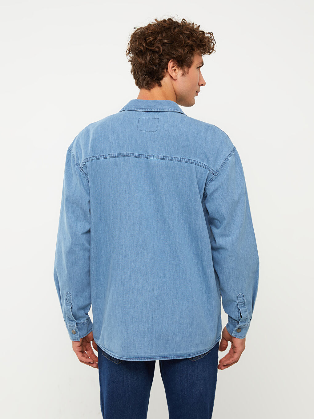 İndigo Rahat Kalıp Uzun Kollu Erkek Jean Gömlek-4