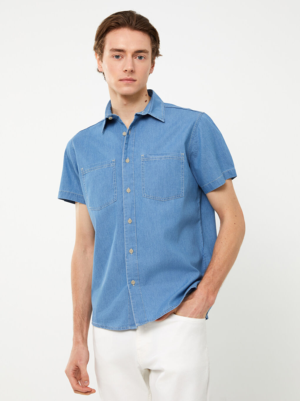 Comfortable Fit Short Sleeve Men's Jean Shirt -S32427Z8-H45